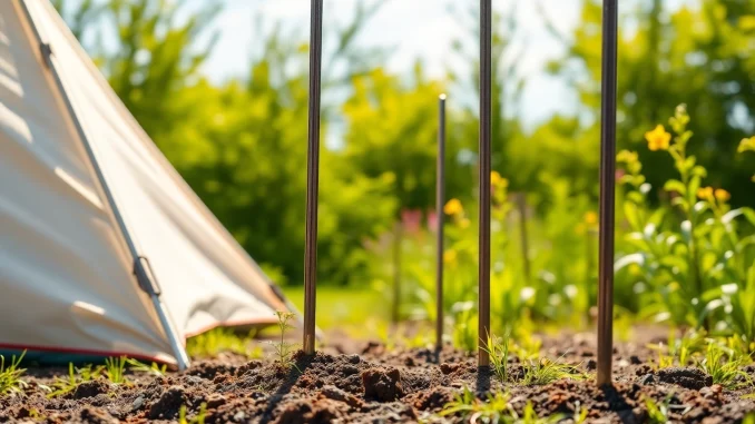 אנكور סטייק מאבטח אוהל בצורה בטוחה בגינה שטופת שמש, מוקפת בצמחים ססגוניים.