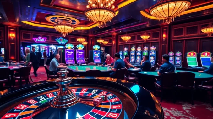 F168 casino scene featuring a roulette wheel and excited players at poker tables.