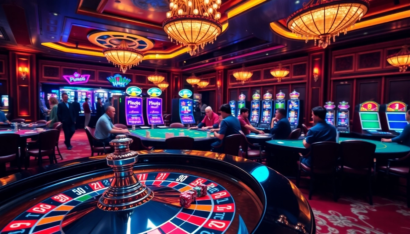F168 casino scene featuring a roulette wheel and excited players at poker tables.