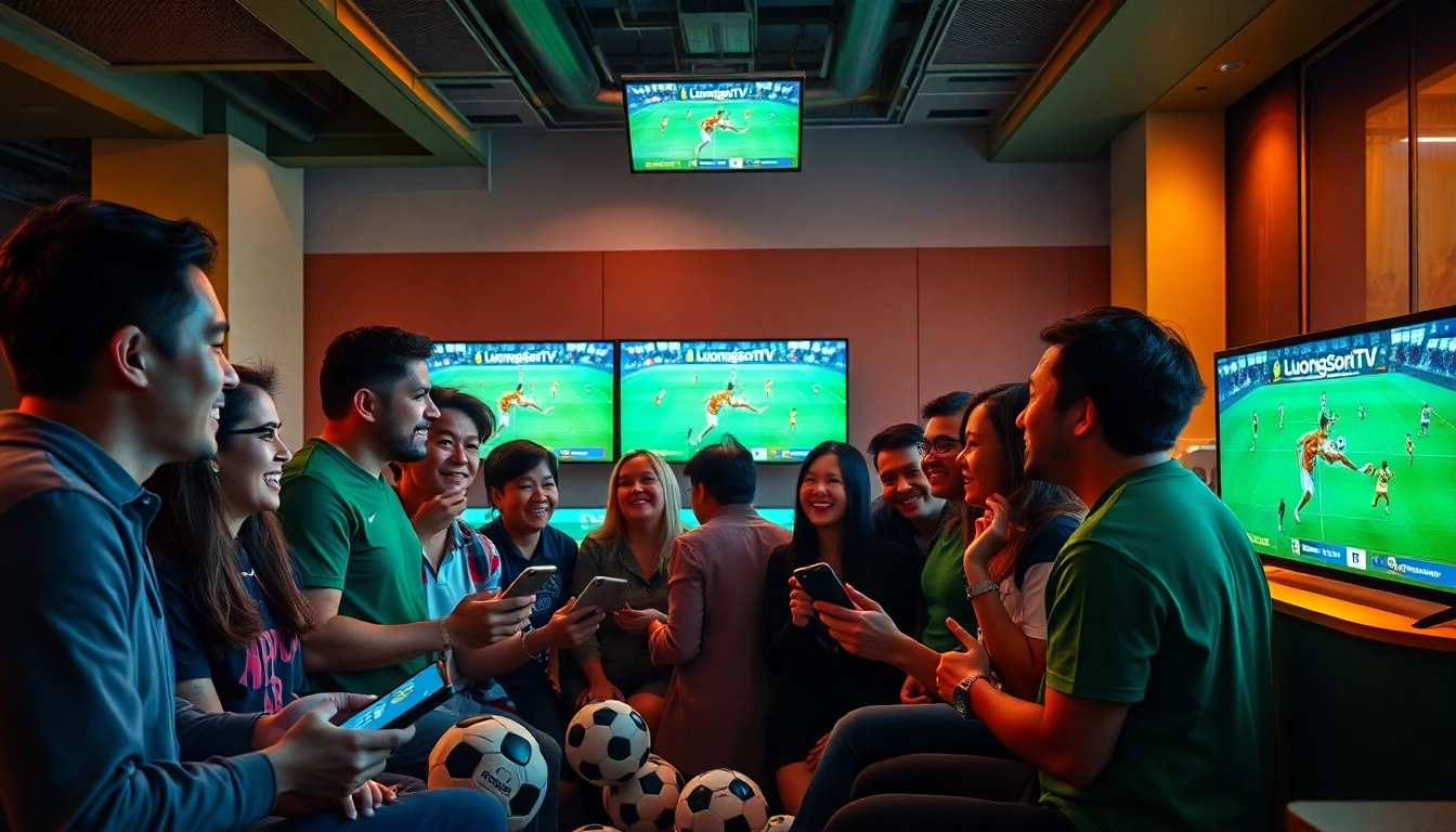 Excited fans enjoying a live soccer match via LuongSonTV in a vibrant digital lounge.