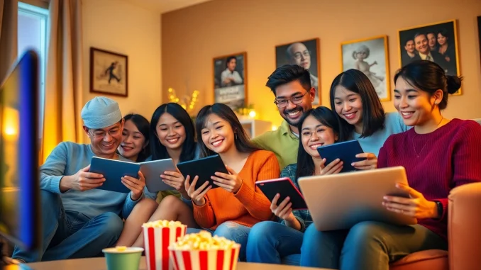 Nangcuc community enjoying films in a cozy living room setting with modern devices.