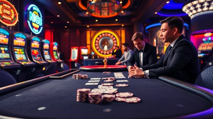Players enjoying poker at a high-stakes table at https://nk88.sbs/, with vibrant slots in the background.