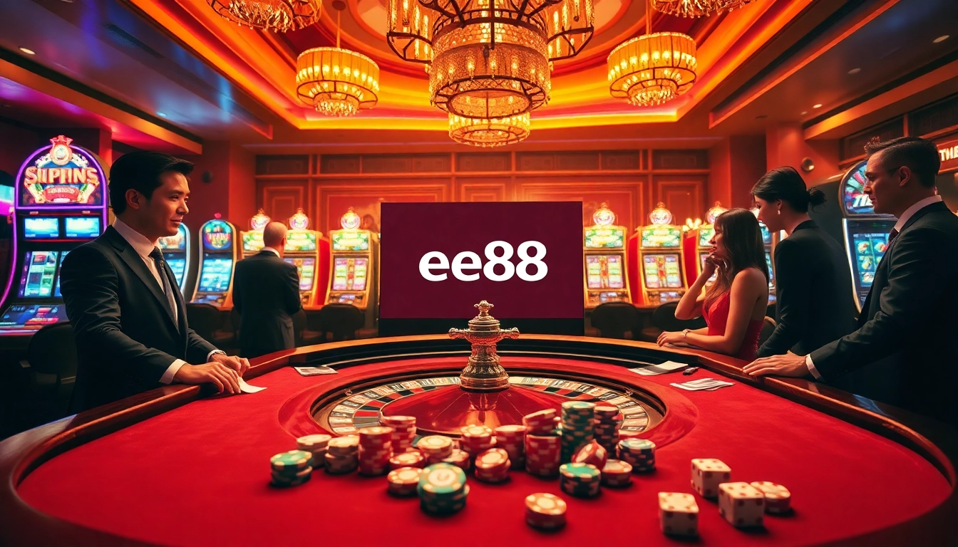 Experience the excitement of gaming at EE88 with vibrant casino visuals featuring roulette and slot machines.
