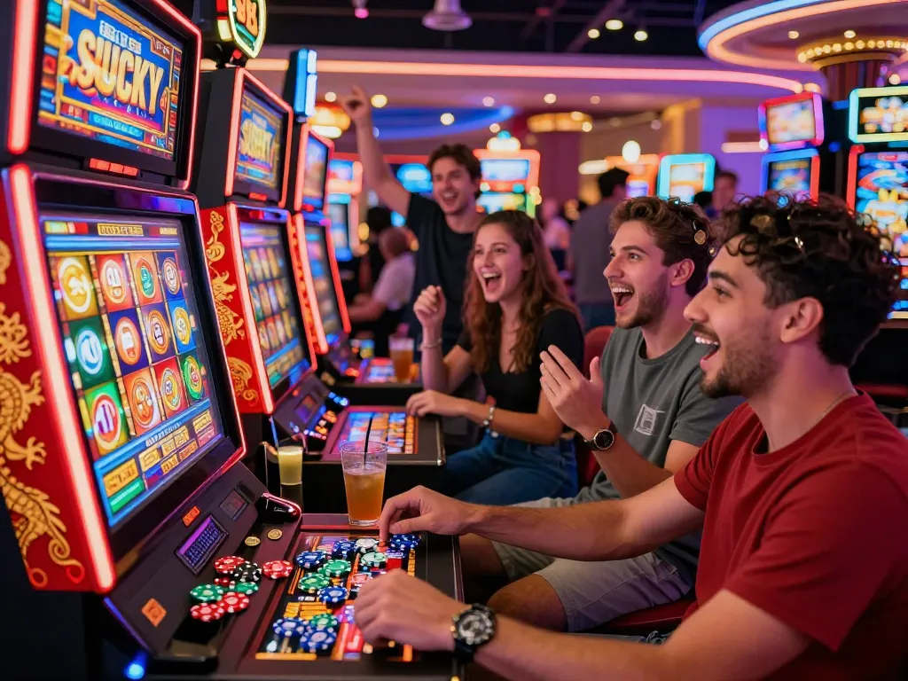 Excited friends playing Lucky 88 slot machine in a vibrant casino atmosphere with colorful lights and decorations.