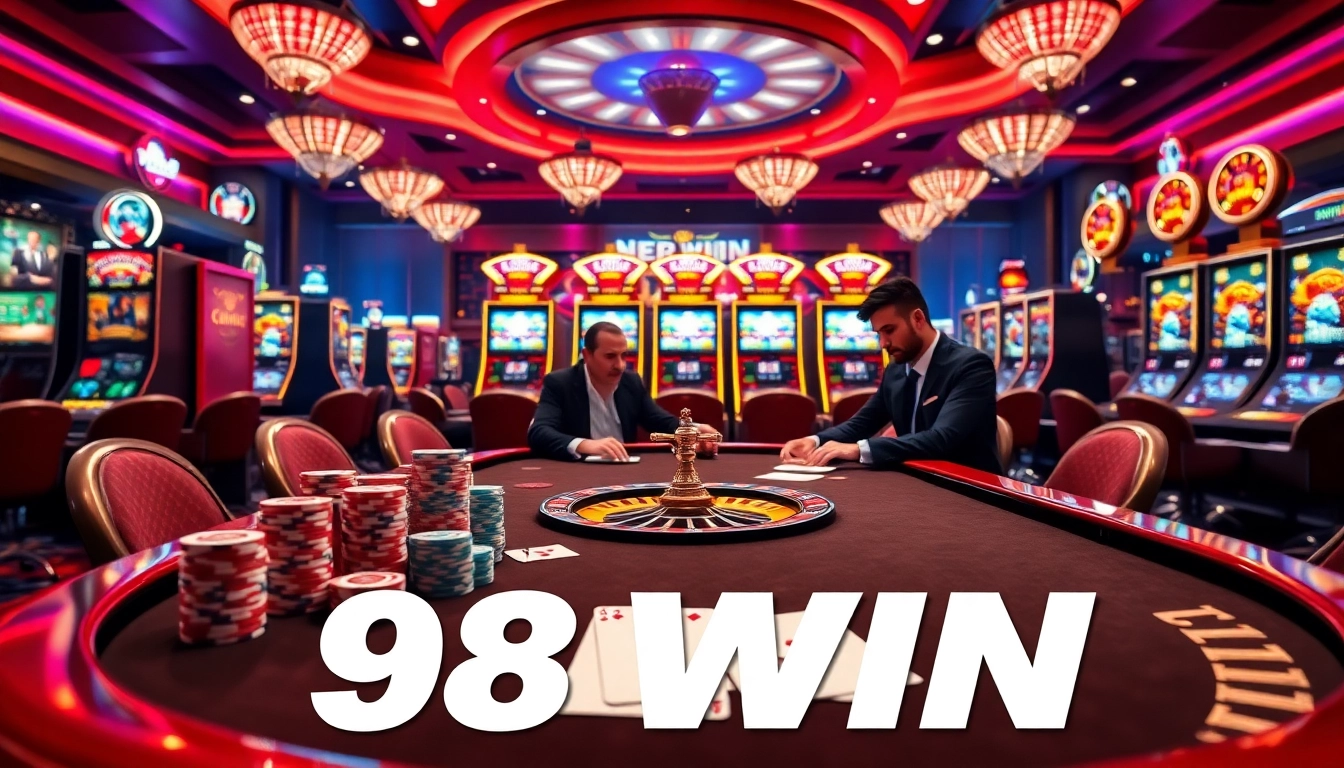 Engage in thrilling poker action at 98win with colorful chips and professional players.