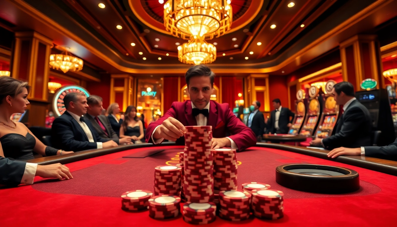 PHSKY casino scene showcasing a high-stakes poker table with players and winning poker chips.