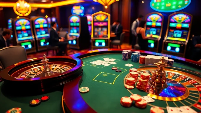 Players enjoying an exciting game of roulette at mint88 casino, surrounded by vibrant slot machines and poker chips.