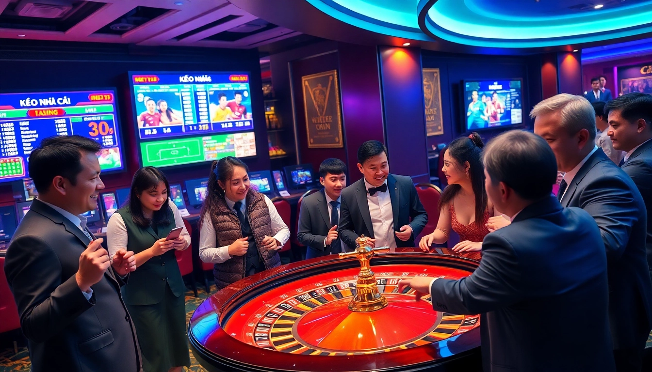 Kèo Nhà Cái betting enthusiasts engaging at an upscale casino sports betting area with dynamic odds displays.
