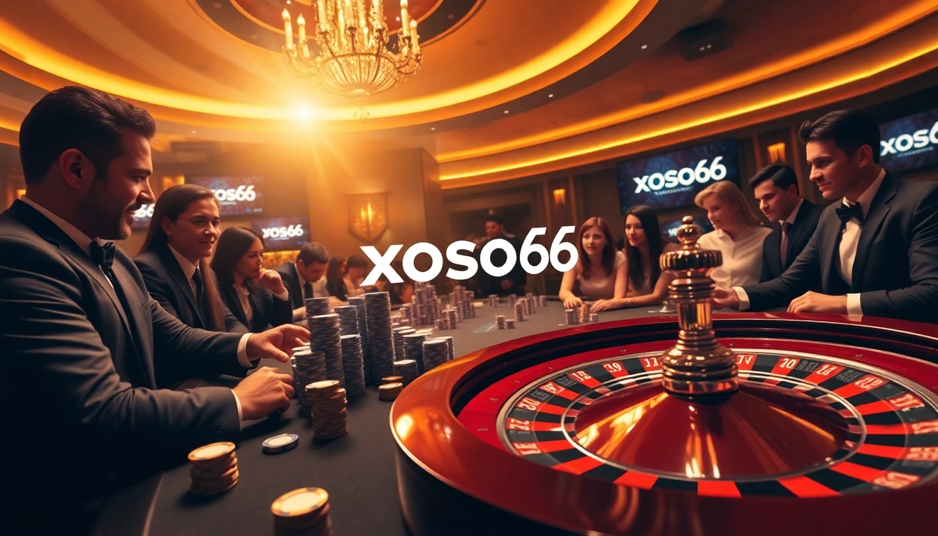 xoso66 players engaging in an exciting game at a luxurious casino table, radiating thrill and strategy.