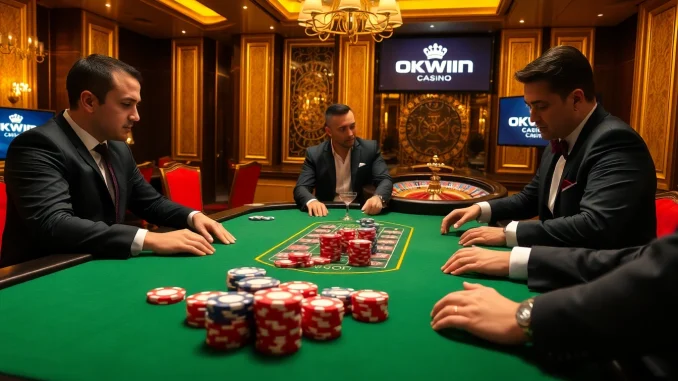 Experience high-stakes action at OKWIN's luxurious poker table, where thrilling bets unfold.