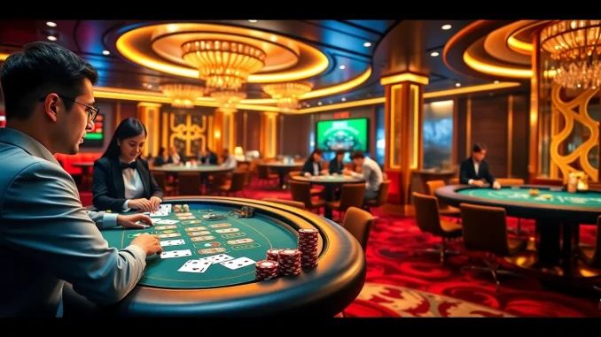 Cảnh sống động tại Nhà cái JD88 với các trò chơi có người chia bài trực tiếp, chip poker và khung cảnh sang trọng.