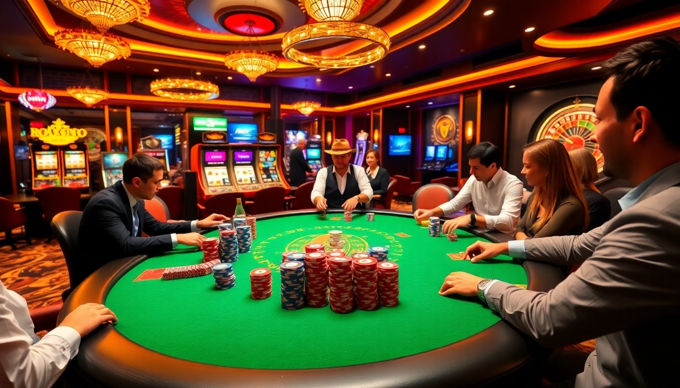 Players engaging in poker at a vibrant table, linked to https://fo88.ltd/ for professional gambling excitement.