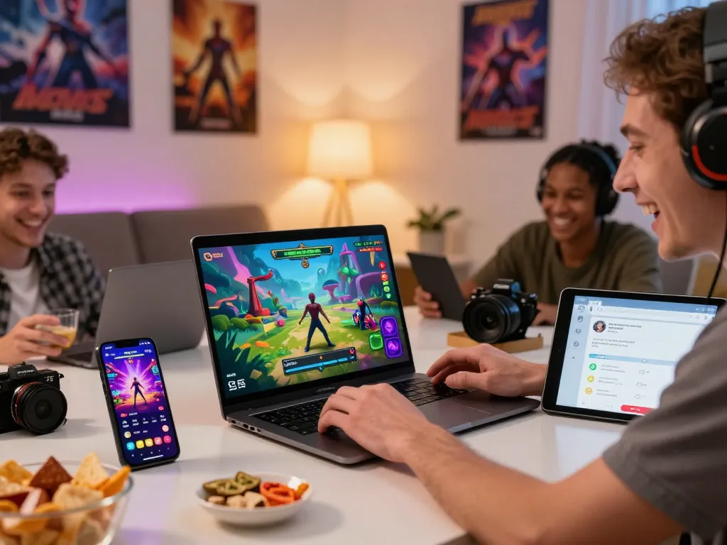 Engaging scene of players enjoying immersive porn games on multiple devices in a cozy gaming environment.