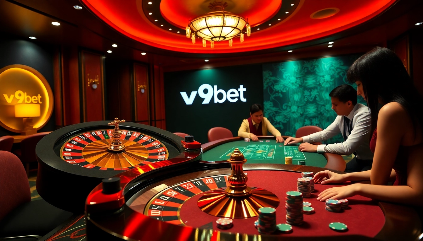 Experience excitement at v9bet with players engaged around a roulette wheel and poker table.