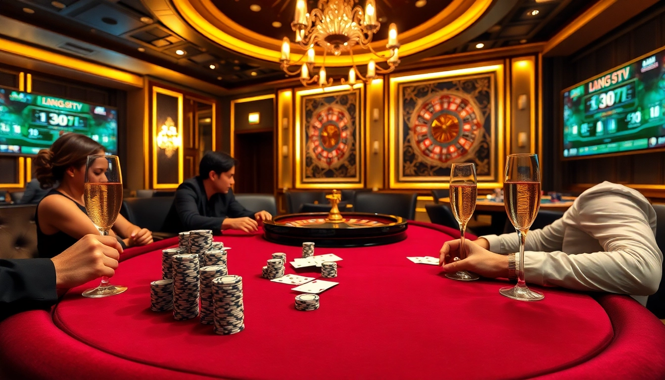 Lương Sơn TV offers an immersive gambling experience with a luxurious poker table scene featuring chips and cards.