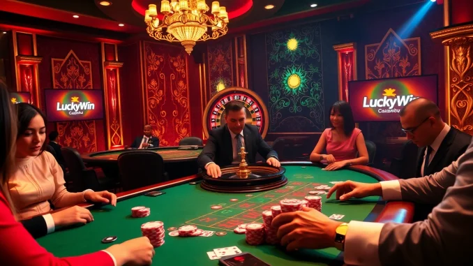 Players celebrate their wins at a LuckyWin poker table, showcasing the thrill of high-stakes gaming.