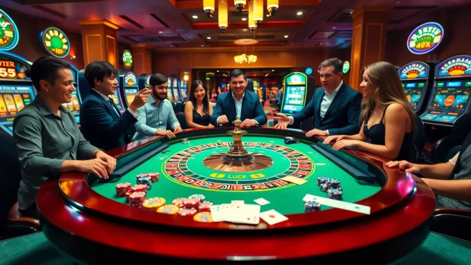 Players enjoying a game of roulette at a vibrant casino, connecting to luck8.