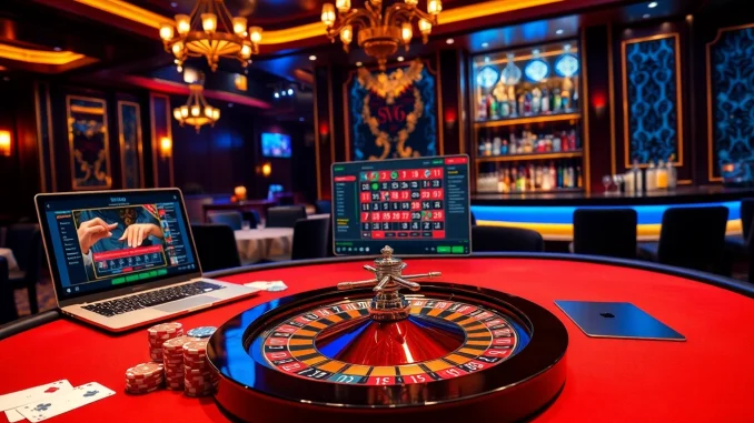 Experience online gambling excitement at https://sv66.group/ with a luxurious casino scene featuring poker chips and roulette.