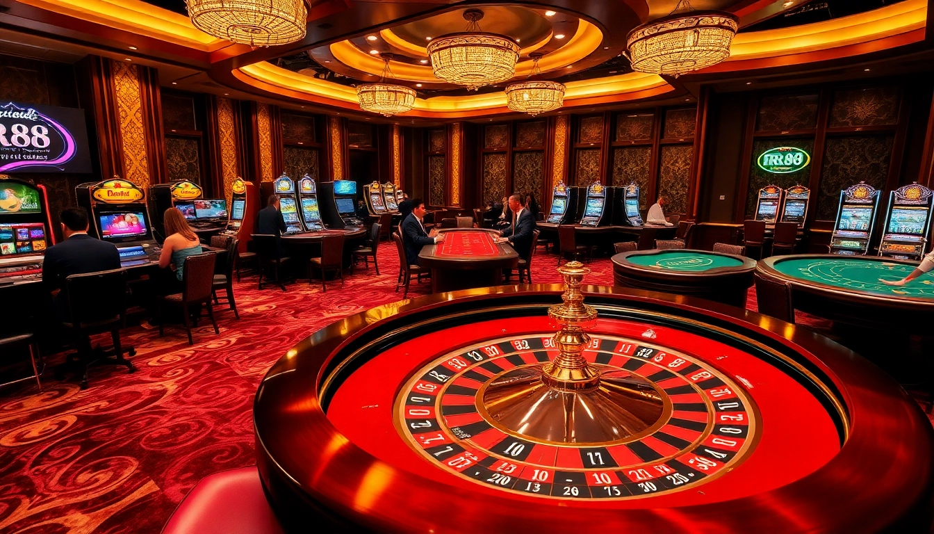 Players engaging in thrilling casino games at RR88 with vibrant roulette and poker tables.