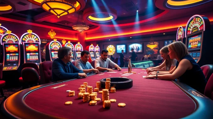 Experience thrilling gameplay at https://sunwin5.org/ with luxurious casino elements showcasing poker tables and vibrant slot machines.