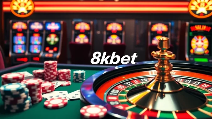 8kbet gaming scene showcasing luxury casino elements with poker chips, cards, and roulette.