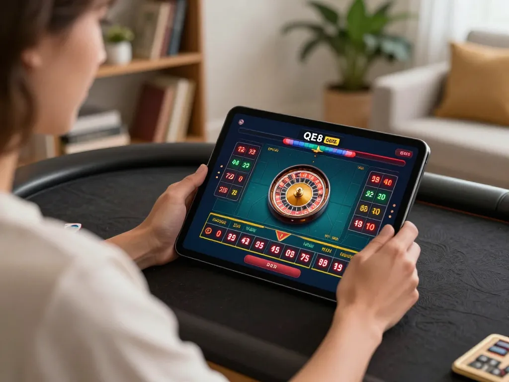 Player engaging with live roulette game on QE8 tablet in cozy home setting