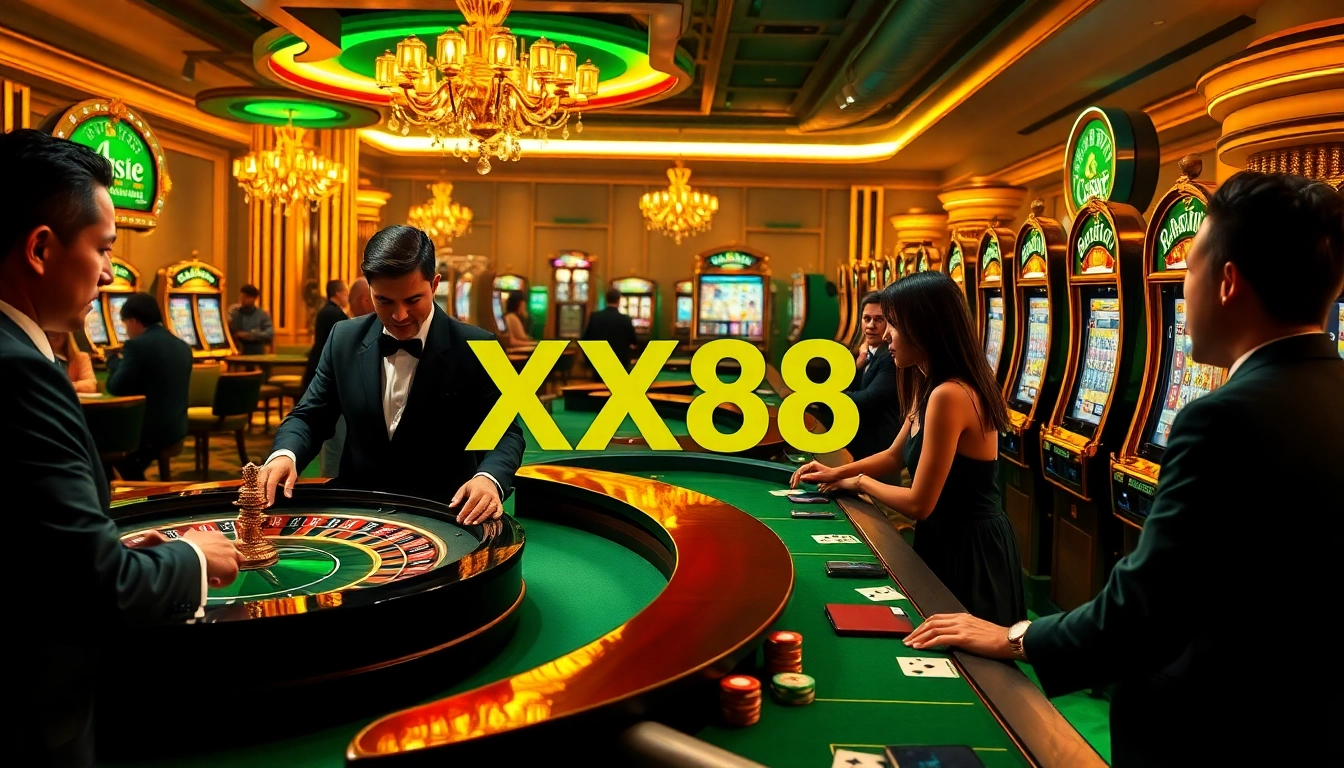 Players enjoying the vibrant online casino experience at XX88, highlighted by roulette and slot machines.