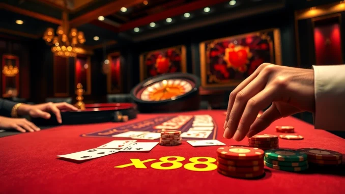 x88 players strategically placing bets at a luxurious casino poker table with vibrant chips