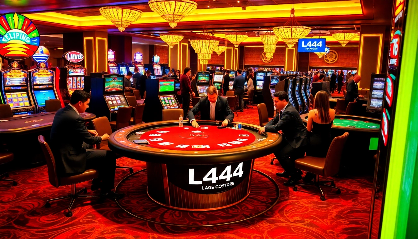 Engaging players at a L444-branded poker table in a luxurious casino atmosphere.