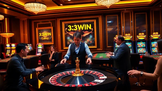 Exciting casino scene showcasing 33WIN with roulette, poker chips, and a stylish dealer.