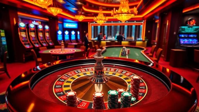 Experience the excitement of high-stakes gambling at https://bl555.training/ with a luxurious casino scene featuring vibrant roulette tables and eager players.