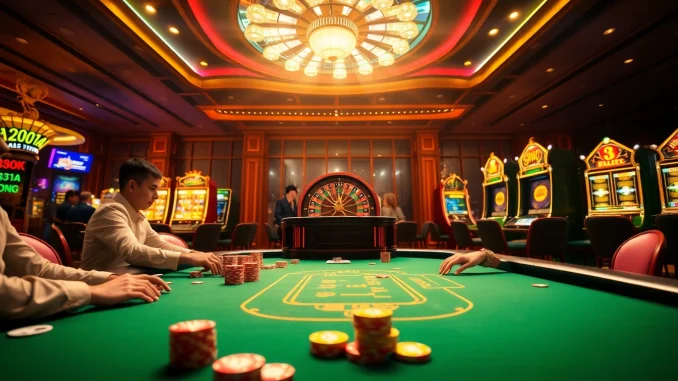Experience the thrilling world of rr88 đăng nhập with a vibrant casino atmosphere featuring poker tables, roulette, and slot machines.