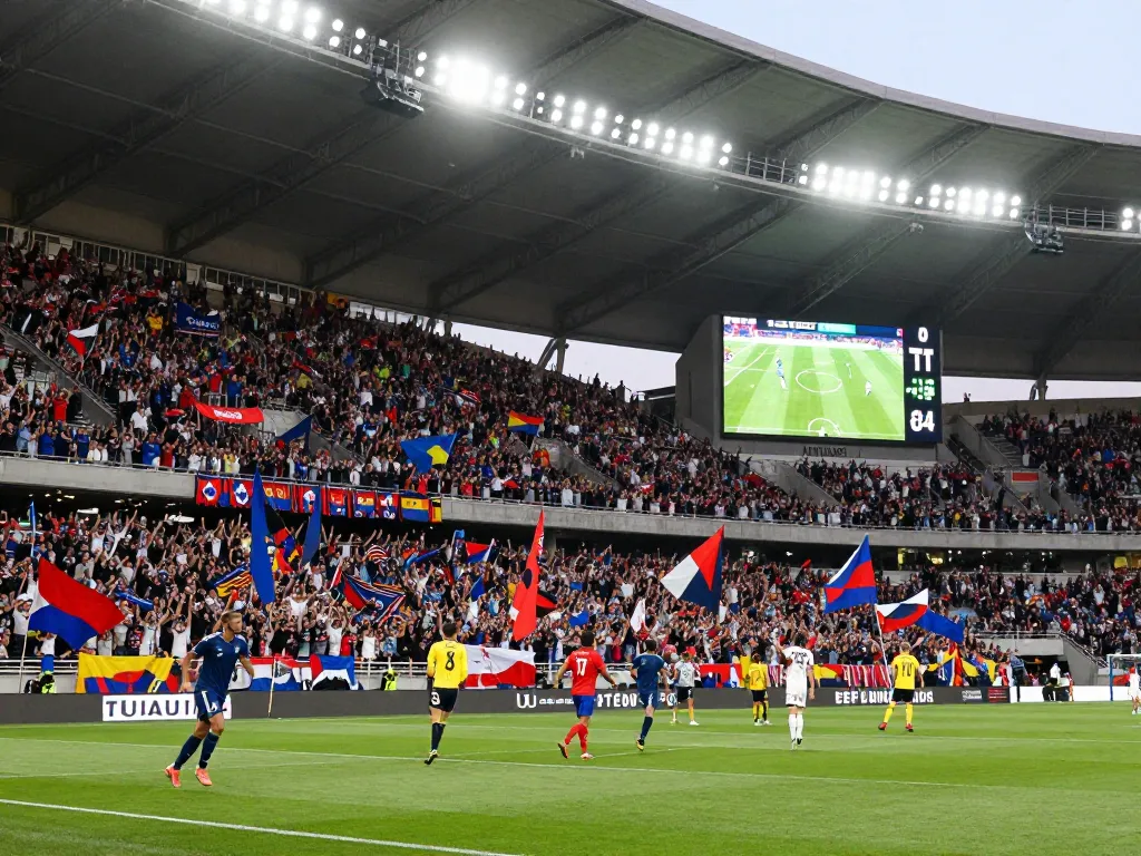 Action-packed soccer match crowd and players showcasing live scores at 7m