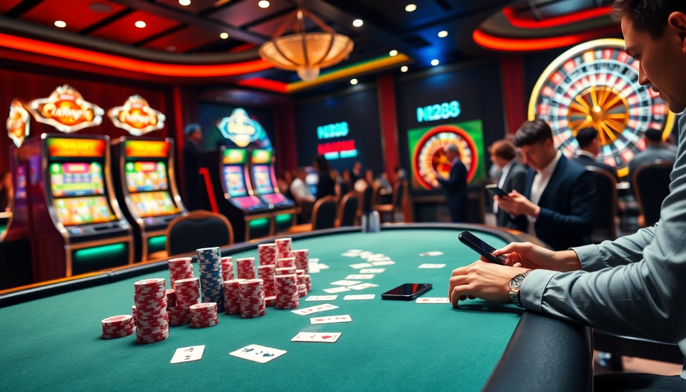 Experience the thrill of nk88 with players engaging at a vibrant casino table, enhanced by luxury gaming elements.