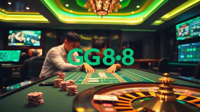 GG88 players enjoying a thrilling casino experience with chips, cards, and roulette.