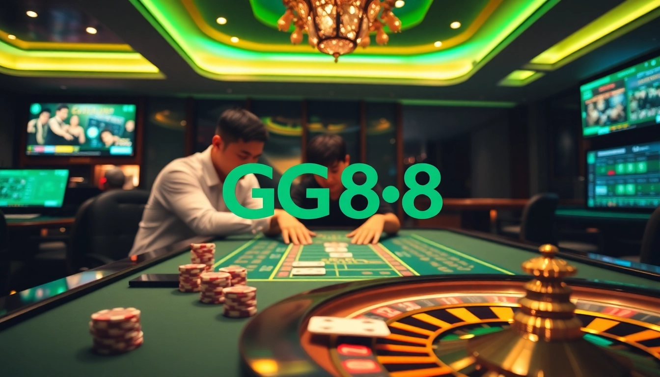GG88 players enjoying a thrilling casino experience with chips, cards, and roulette.