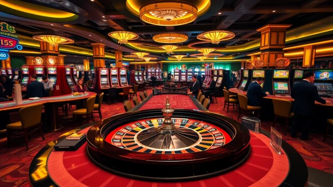 Players enjoying a thrilling game at MMOO's luxurious casino, featuring roulette tables and poker action.