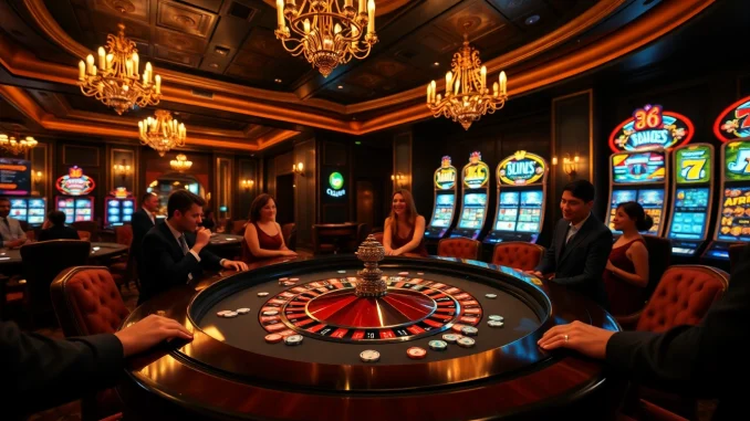Experience thrilling gameplay at https://okfun.guru/ with luxurious casino scenes showcasing roulette and vibrant slot machines.