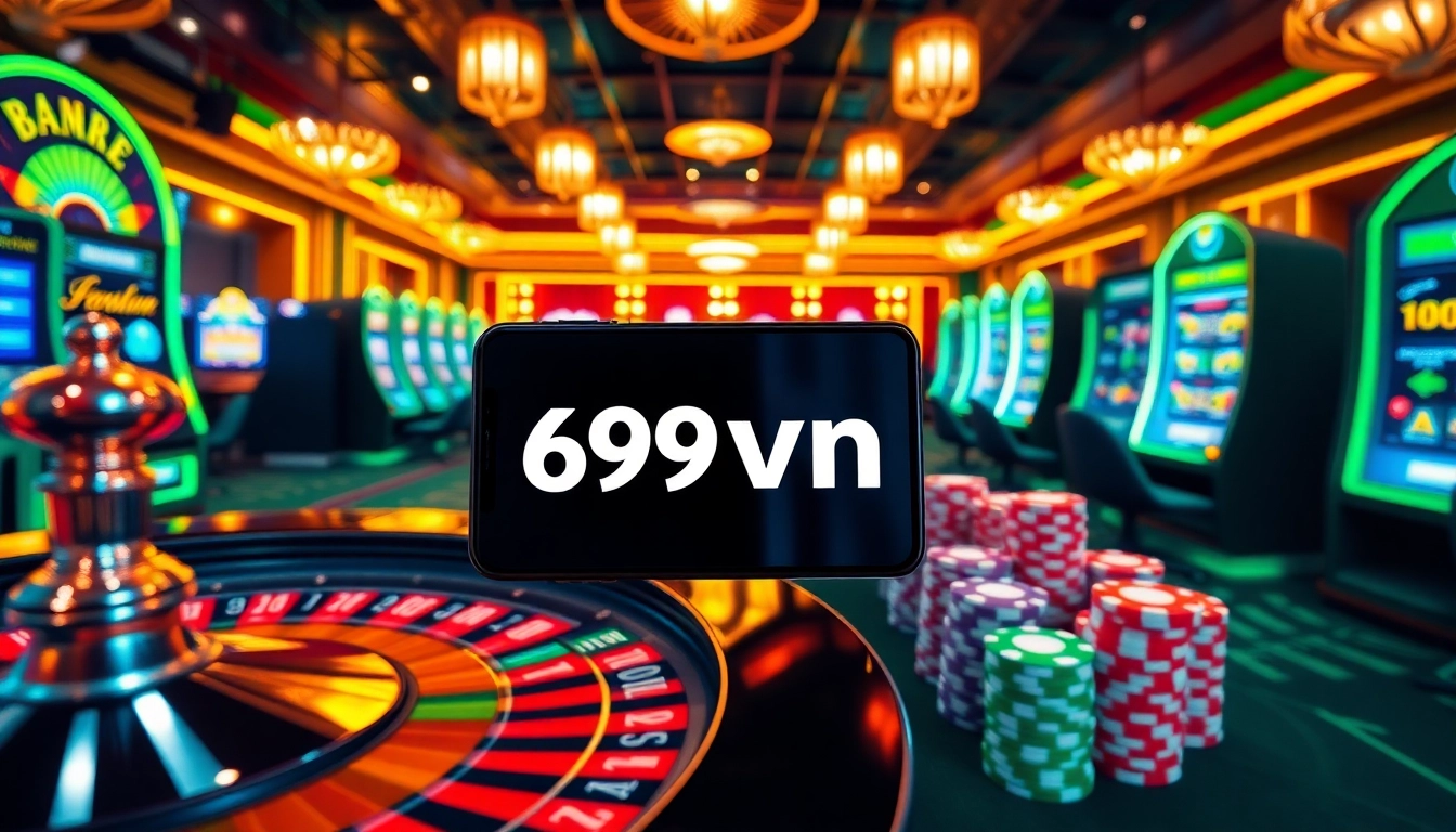 Excited players winning at 69vn casino with colorful chips and modern slot machines.