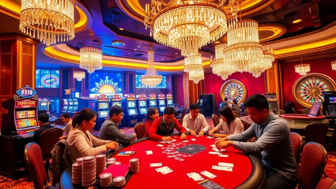 Experience the thrill of gi88 at a vibrant casino table with engaged players and stunning decor.