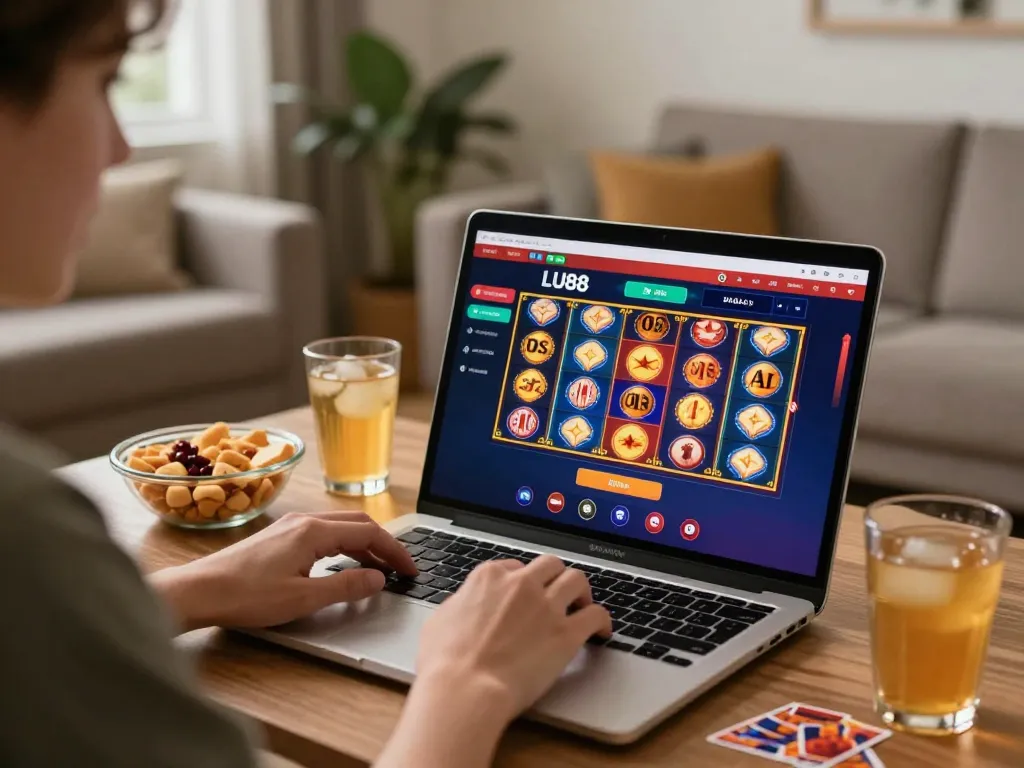 Engage with LU88 online gaming interface on a laptop, showcasing excitement and strategy.