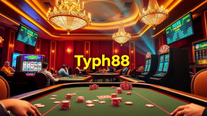 Experience the excitement of Typhu88 with colorful poker chips and a vibrant casino table filled with players.