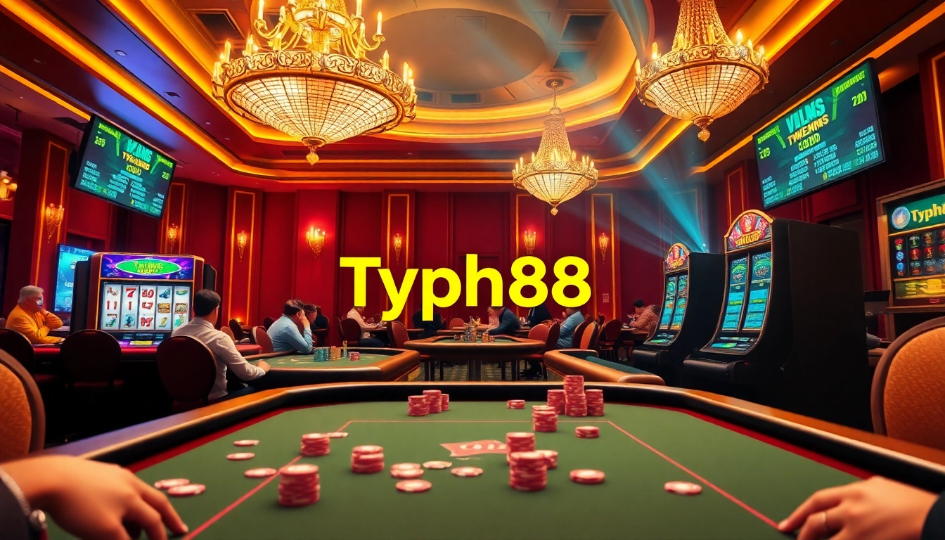 Experience the excitement of Typhu88 with colorful poker chips and a vibrant casino table filled with players.