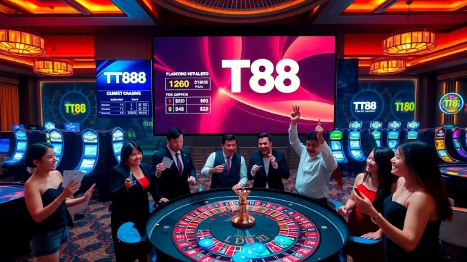 TT88 players enjoying a thrilling moment at the roulette table in a vibrant casino setting.