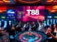 TT88 players enjoying a thrilling moment at the roulette table in a vibrant casino setting.