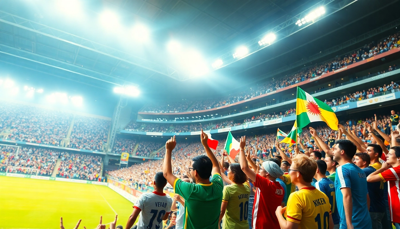 Bongdanet soccer fans cheering in a stadium during a vibrant match, showcasing community and excitement.