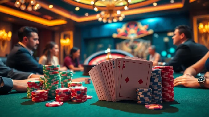 Exciting poker table scene featuring daga elements with vibrant chips and engaged players in a casino environment.