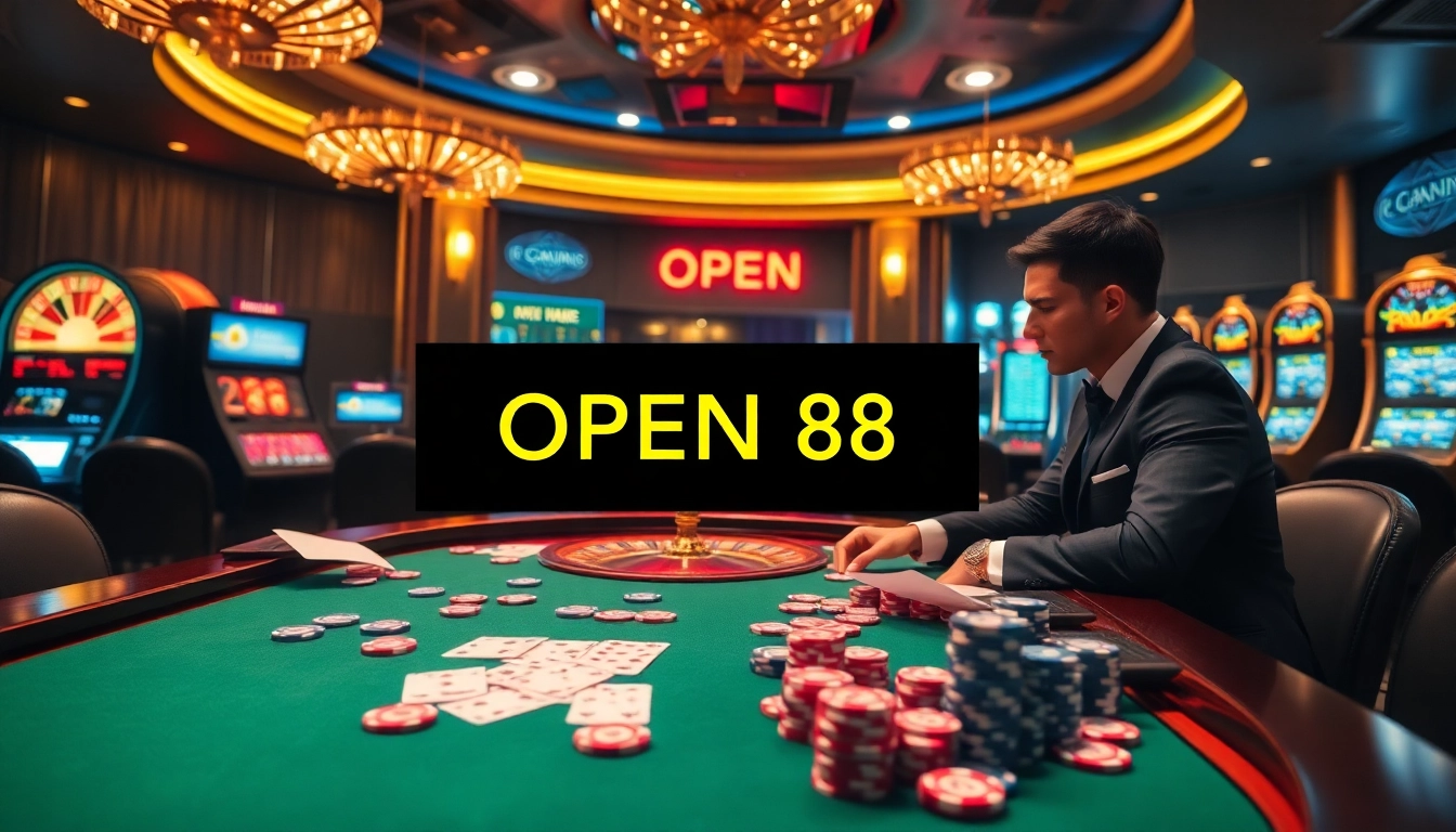 Exciting high-stakes poker table action at OPEN 88 casino, featuring colorful chips and cards.
