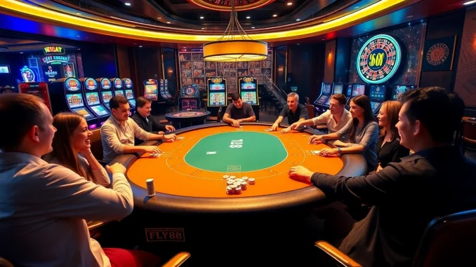 Players enjoying a high-stakes poker game at FLY88, surrounded by vibrant casino elements
