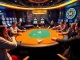 Players enjoying a high-stakes poker game at FLY88, surrounded by vibrant casino elements